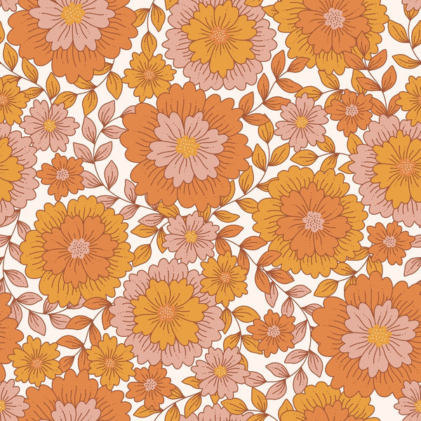 orange flowers, pink blossoms, mustard yellow, peach tones, burnt orange, floral pattern, layered petals, botanical design, retro style, 70s aesthetic, boho chic, groovy vibes, vintage inspired,, fabric panel, seamless repeat, warm palette, flower power, psychedelic florals, autumn colors