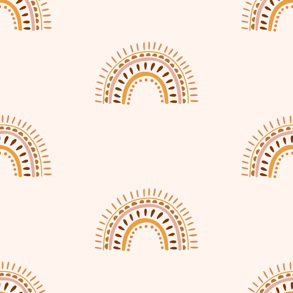 cream background, terracotta, burnt orange, brown, rainbow arcs, concentric circles, radiating lines, dots pattern, boho style, groovy design, 70s retro, geometric shapes, sun motifs, earthy tones,, fabric panel, bohemian aesthetic, vintage inspired, warm colors, repeating pattern