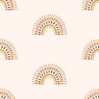 cream background, terracotta, burnt orange, brown, rainbow arcs, concentric circles, radiating lines, dots pattern, boho style, groovy design, 70s retro, geometric shapes, sun motifs, earthy tones,, fabric panel, bohemian aesthetic, vintage inspired, warm colors, repeating pattern