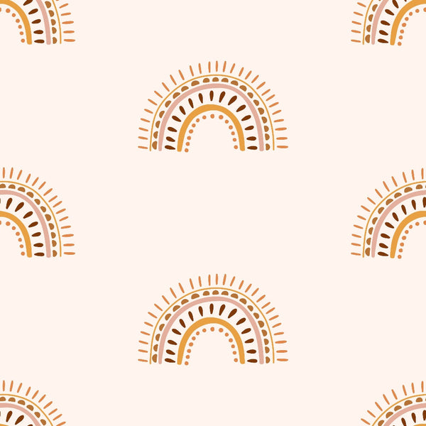 cream background, terracotta, burnt orange, brown, rainbow arcs, concentric circles, radiating lines, dots pattern, boho style, groovy design, 70s retro, geometric shapes, sun motifs, earthy tones,, fabric panel, bohemian aesthetic, vintage inspired, warm colors, repeating pattern