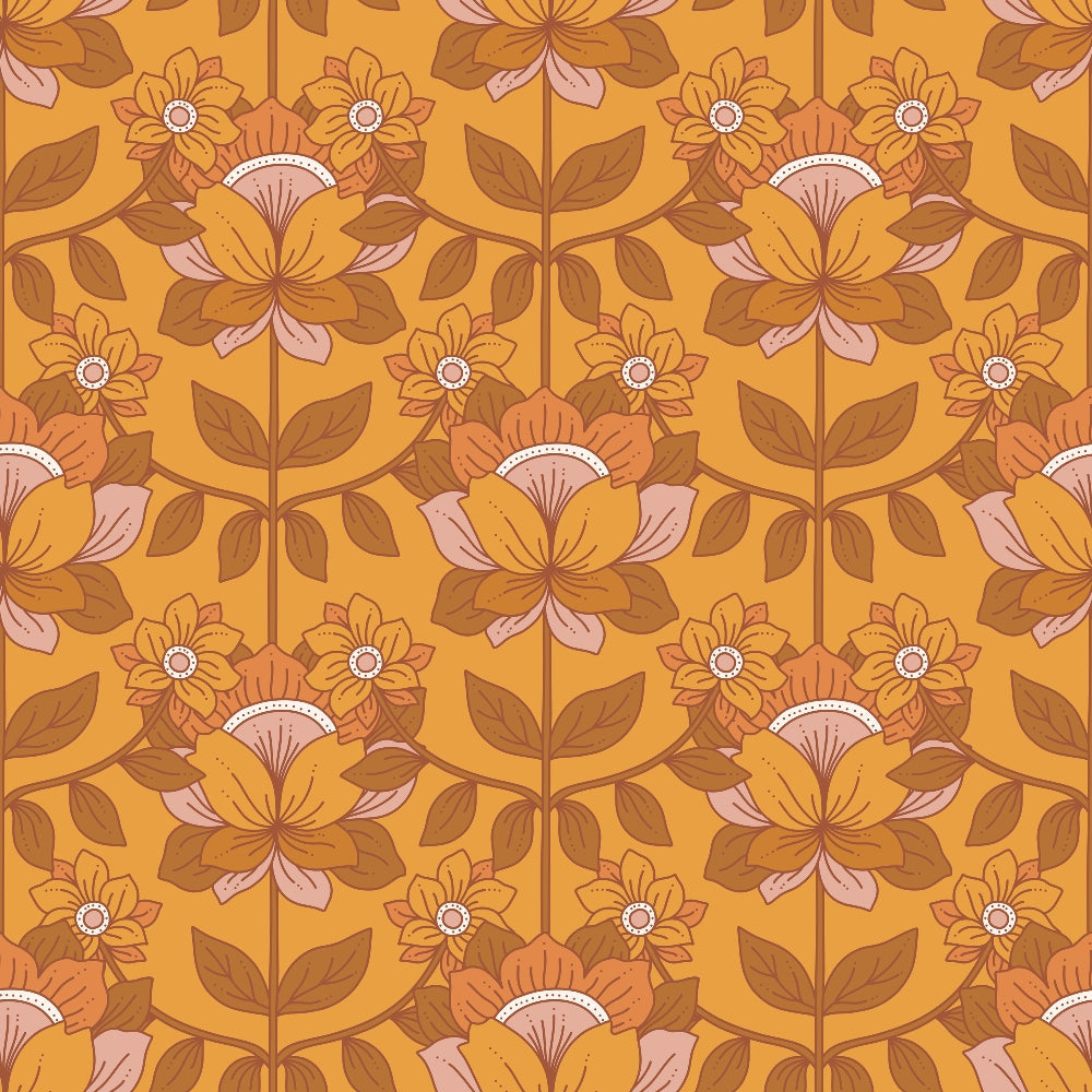 70s groovy, boho pattern, retro floral, orange background, brown flowers, pink petals, autumn colors, vintage botanical, psychedelic design, flower power,, fabric panel, geometric florals, earthy tones, mustard yellow, burnt orange, dusty pink, repeating motif, bohemian style, groovy aesthetic