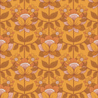 70s groovy, boho pattern, retro floral, orange background, brown flowers, pink petals, autumn colors, vintage botanical, psychedelic design, flower power,, fabric panel, geometric florals, earthy tones, mustard yellow, burnt orange, dusty pink, repeating motif, bohemian style, groovy aesthetic