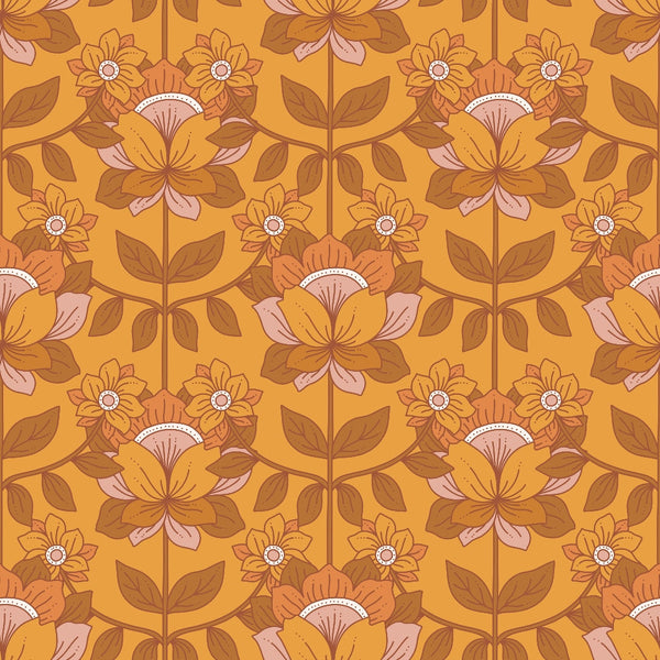 70s groovy, boho pattern, retro floral, orange background, brown flowers, pink petals, autumn colors, vintage botanical, psychedelic design, flower power,, fabric panel, geometric florals, earthy tones, mustard yellow, burnt orange, dusty pink, repeating motif, bohemian style, groovy aesthetic