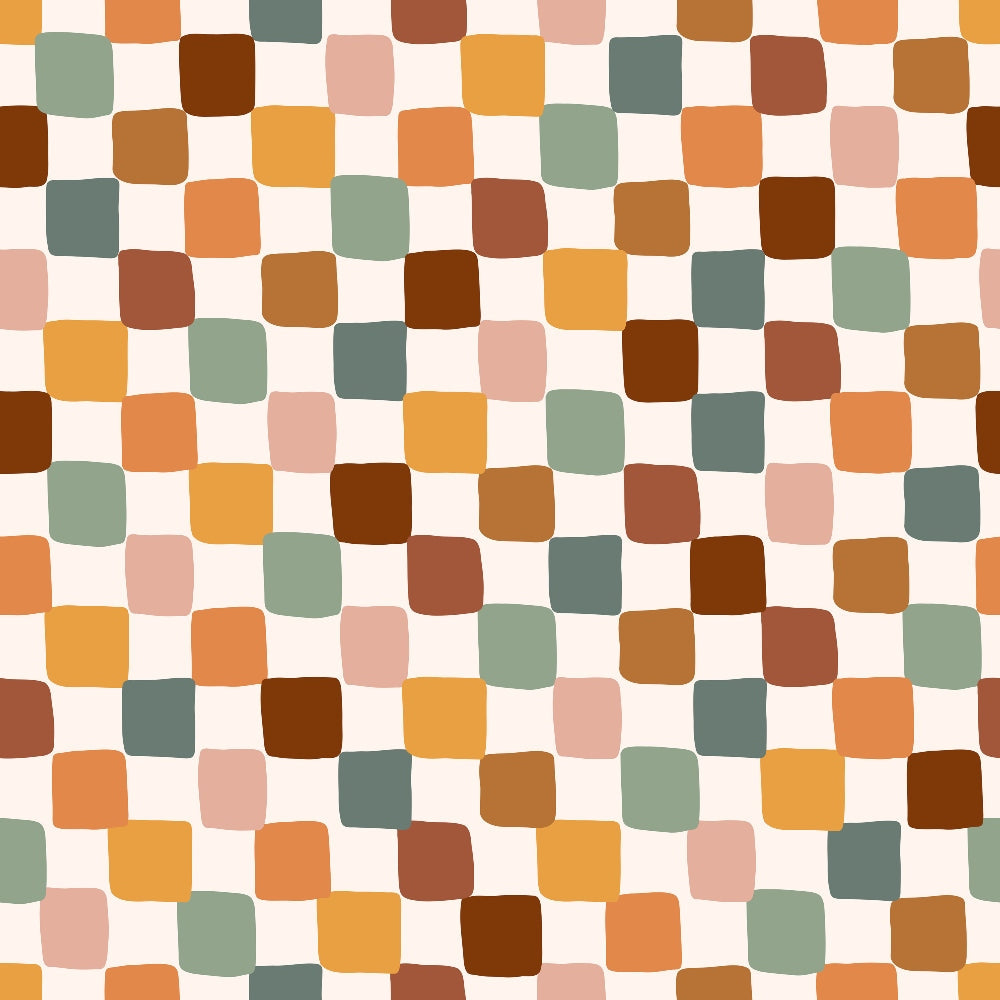70s groovy, boho pattern,, fabric panel, geometric squares, rounded squares, earthy tones, sage green, burnt orange, terracotta, mustard yellow, dusty pink, chocolate brown, retro style, vintage pattern, bohemian design, warm colors, abstract geometric, mod design, checkerboard variation