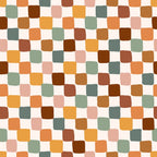 70s groovy, boho pattern,, fabric panel, geometric squares, rounded squares, earthy tones, sage green, burnt orange, terracotta, mustard yellow, dusty pink, chocolate brown, retro style, vintage pattern, bohemian design, warm colors, abstract geometric, mod design, checkerboard variation