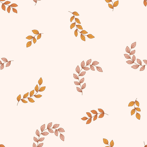 cream background, orange leaves, pink leaves, botanical pattern, leaf branches, autumn colors, boho style, 70s design, groovy pattern,, fabric panel, scattered motifs, nature inspired, retro aesthetic, warm tones, organic shapes, flowing branches, minimalist floral, vintage vibes