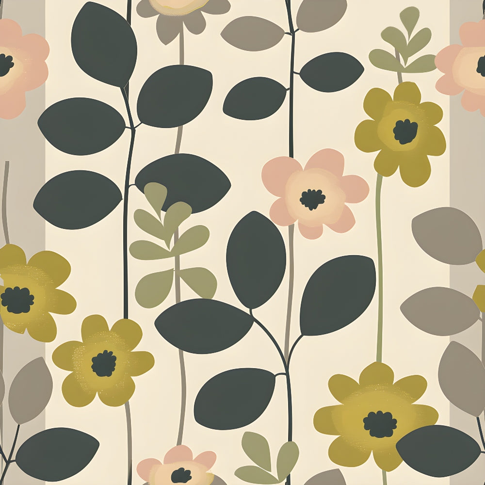 70s retro, floral pattern, mustard yellow, coral pink, sage green, dark teal, cream background, stylized flowers, geometric leaves, mid-century modern, vintage inspired,, fabric panel, botanical motif, earthy tones, groovy style, repeating pattern, organic shapes