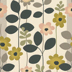 70s retro, floral pattern, mustard yellow, coral pink, sage green, dark teal, cream background, stylized flowers, geometric leaves, mid-century modern, vintage inspired,, fabric panel, botanical motif, earthy tones, groovy style, repeating pattern, organic shapes