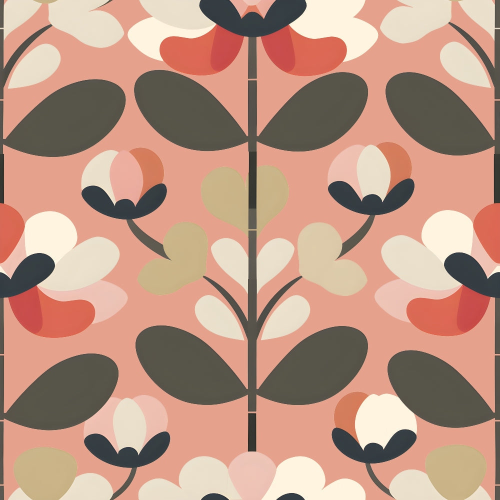 coral pink, sage green, cream, charcoal black, retro flowers, geometric blooms, stylized petals, oval leaves, branch stems, symmetrical pattern, 70s style, mid-century modern, scandinavian design,, fabric panel, floral motifs, vintage aesthetic, repeating design, crafting material, sewing fabric