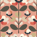 coral pink, sage green, cream, charcoal black, retro flowers, geometric blooms, stylized petals, oval leaves, branch stems, symmetrical pattern, 70s style, mid-century modern, scandinavian design,, fabric panel, floral motifs, vintage aesthetic, repeating design, crafting material, sewing fabric