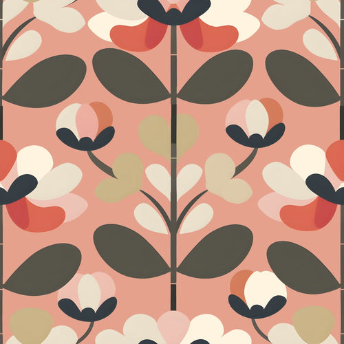 coral pink, sage green, cream, charcoal black, retro flowers, geometric blooms, stylized petals, oval leaves, branch stems, symmetrical pattern, 70s style, mid-century modern, scandinavian design,, fabric panel, floral motifs, vintage aesthetic, repeating design, crafting material, sewing fabric