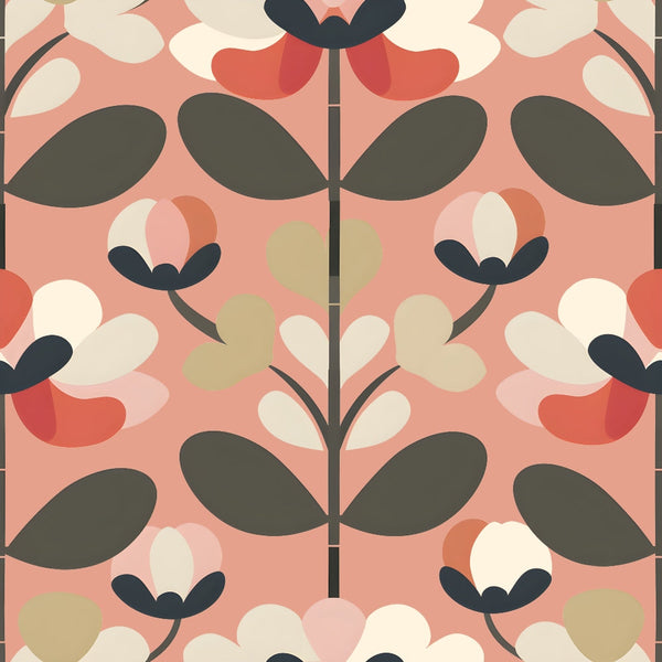 coral pink, sage green, cream, charcoal black, retro flowers, geometric blooms, stylized petals, oval leaves, branch stems, symmetrical pattern, 70s style, mid-century modern, scandinavian design,, fabric panel, floral motifs, vintage aesthetic, repeating design, crafting material, sewing fabric