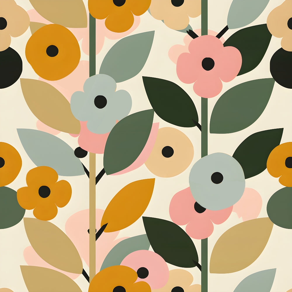 70s retro, flowers, floral pattern, orange, pink, sage green, olive green, beige, cream, geometric flowers, mid-century modern, vintage style,, fabric panel, stylized blooms, leaves, stems, retro aesthetic, groovy design, earth tones