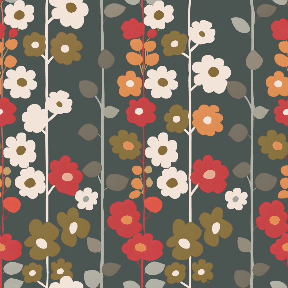 70s retro, floral pattern,, fabric panel, olive green, coral red, cream flowers, orange blooms, dark green background, vertical stems, daisy flowers, geometric florals, mid-century modern, groovy style, repeating pattern, botanical design, vintage aesthetic, crafting fabric, sewing material