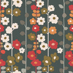 70s retro, floral pattern,, fabric panel, olive green, coral red, cream flowers, orange blooms, dark green background, vertical stems, daisy flowers, geometric florals, mid-century modern, groovy style, repeating pattern, botanical design, vintage aesthetic, crafting fabric, sewing material