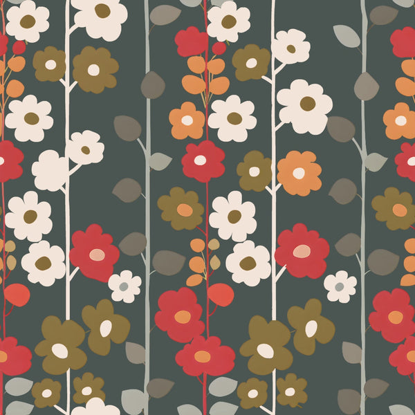 70s retro, floral pattern,, fabric panel, olive green, coral red, cream flowers, orange blooms, dark green background, vertical stems, daisy flowers, geometric florals, mid-century modern, groovy style, repeating pattern, botanical design, vintage aesthetic, crafting fabric, sewing material