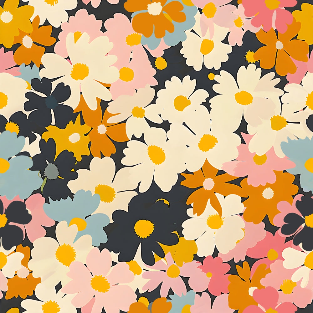 70s retro, floral pattern, daisy flowers, orange, pink, cream, yellow, navy blue, sage green, overlapping blooms, vintage style, groovy aesthetic, flower power,, fabric panel, retro florals, multi-colored, layered design, mod flowers, seventies inspired