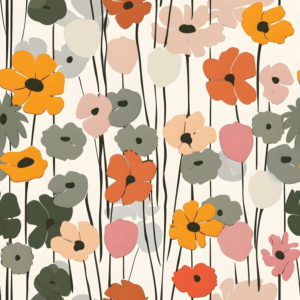 70s retro, floral pattern, orange flowers, pink blossoms, sage green, cream background, abstract flowers, mod design, groovy style,, fabric panel, botanical motif, vintage inspired, peachy tones, coral blooms, stylized florals, retro aesthetic, cotton fabric, crafting material
