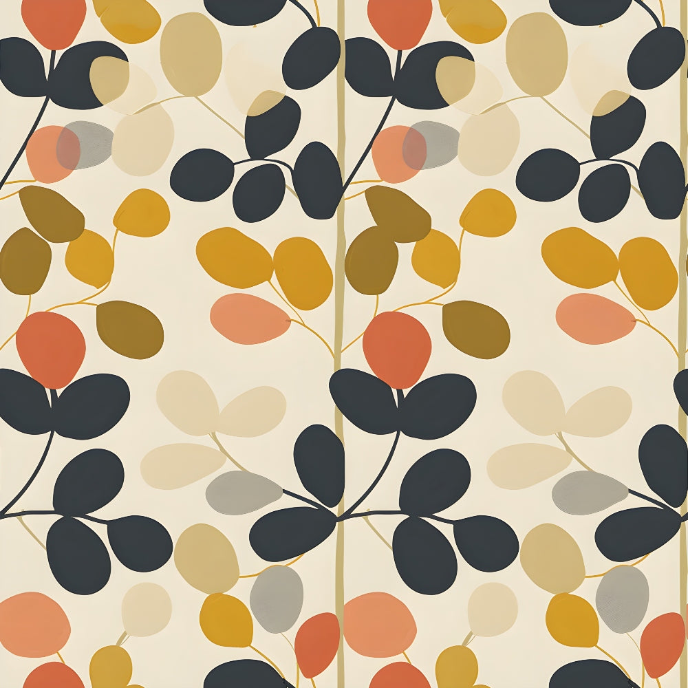 70s retro, floral pattern, oval leaves, botanical design, orange, mustard yellow, charcoal gray, cream background, beige, coral pink, mid-century modern, vintage style,, fabric panel, geometric flowers, scattered motif, autumn colors, retro aesthetic, abstract florals, earthy tones