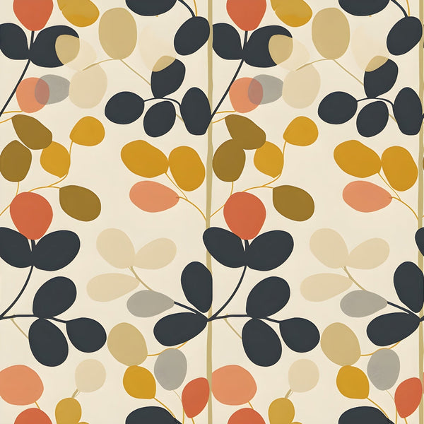 70s retro, floral pattern, oval leaves, botanical design, orange, mustard yellow, charcoal gray, cream background, beige, coral pink, mid-century modern, vintage style,, fabric panel, geometric flowers, scattered motif, autumn colors, retro aesthetic, abstract florals, earthy tones