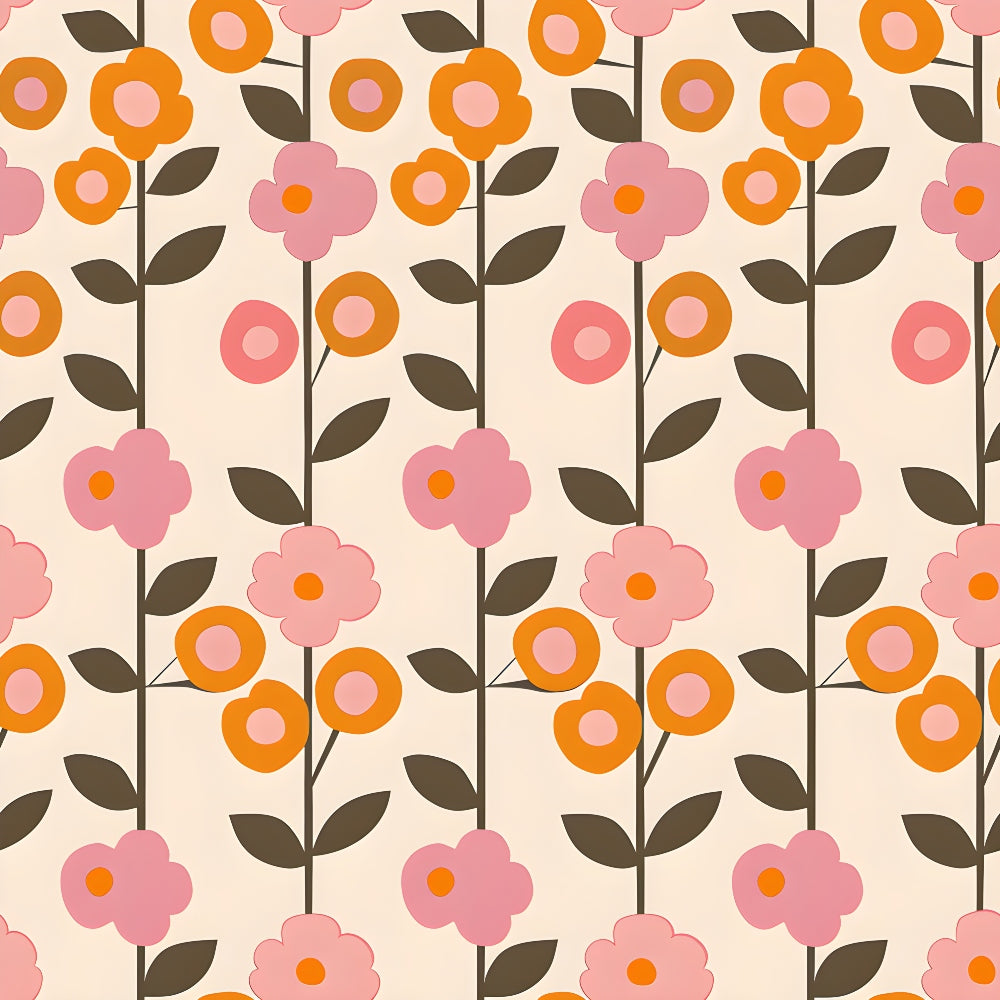70s retro, floral pattern, orange flowers, pink flowers, brown leaves, cream background, geometric blooms, mod style, vintage design, repeating pattern,, fabric panel, retro aesthetic, flower power, circular motifs, stems and leaves, groovy style, mid-century modern