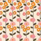 70s retro, floral pattern, orange flowers, pink flowers, brown leaves, cream background, geometric blooms, mod style, vintage design, repeating pattern,, fabric panel, retro aesthetic, flower power, circular motifs, stems and leaves, groovy style, mid-century modern