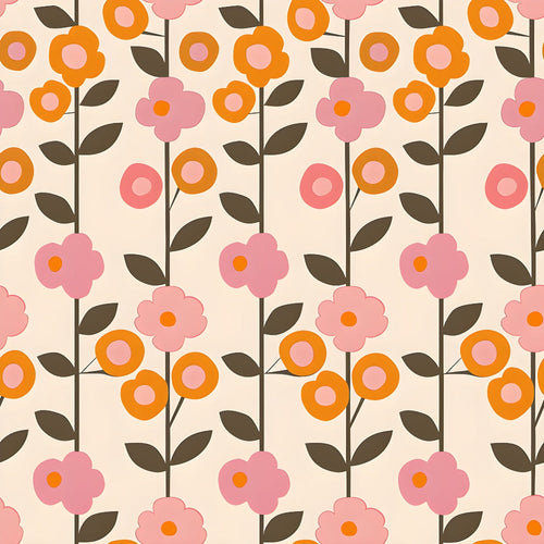 70s retro, floral pattern, orange flowers, pink flowers, brown leaves, cream background, geometric blooms, mod style, vintage design, repeating pattern,, fabric panel, retro aesthetic, flower power, circular motifs, stems and leaves, groovy style, mid-century modern