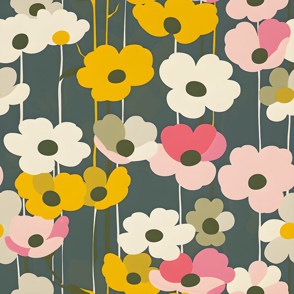 70s retro, flowers, floral pattern, yellow blooms, pink flowers, cream petals, olive green, dark green background, groovy style, mod design, daisy shapes, round centers,, fabric panel, vintage aesthetic, retro vibes, botanical motif, colorful blossoms, stems, psychedelic florals