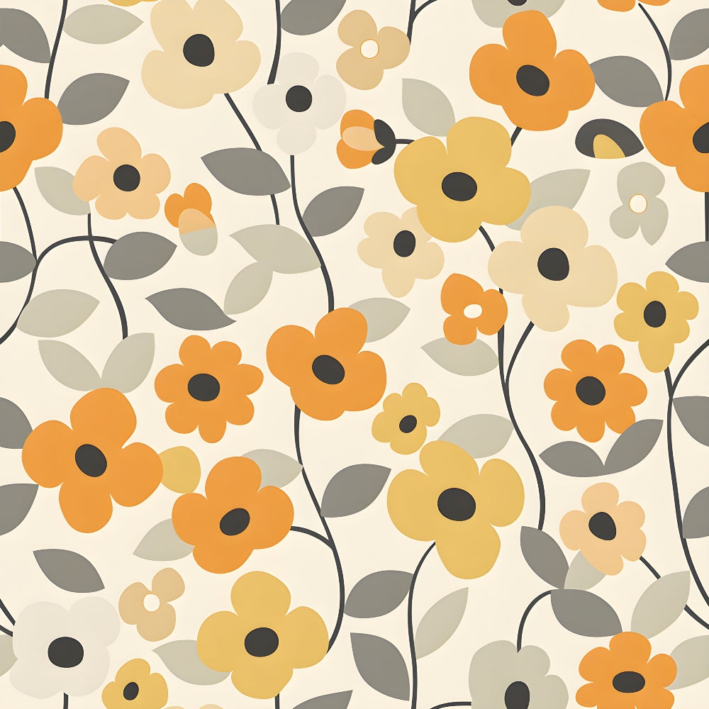 orange flowers, yellow blooms, beige petals, gray leaves, cream background, retro floral, 70s style, vintage pattern, daisy motifs, botanical design,, fabric panel, mid-century modern, groovy flowers, warm tones, scattered blooms, stylized florals, autumn colors, mod aesthetic