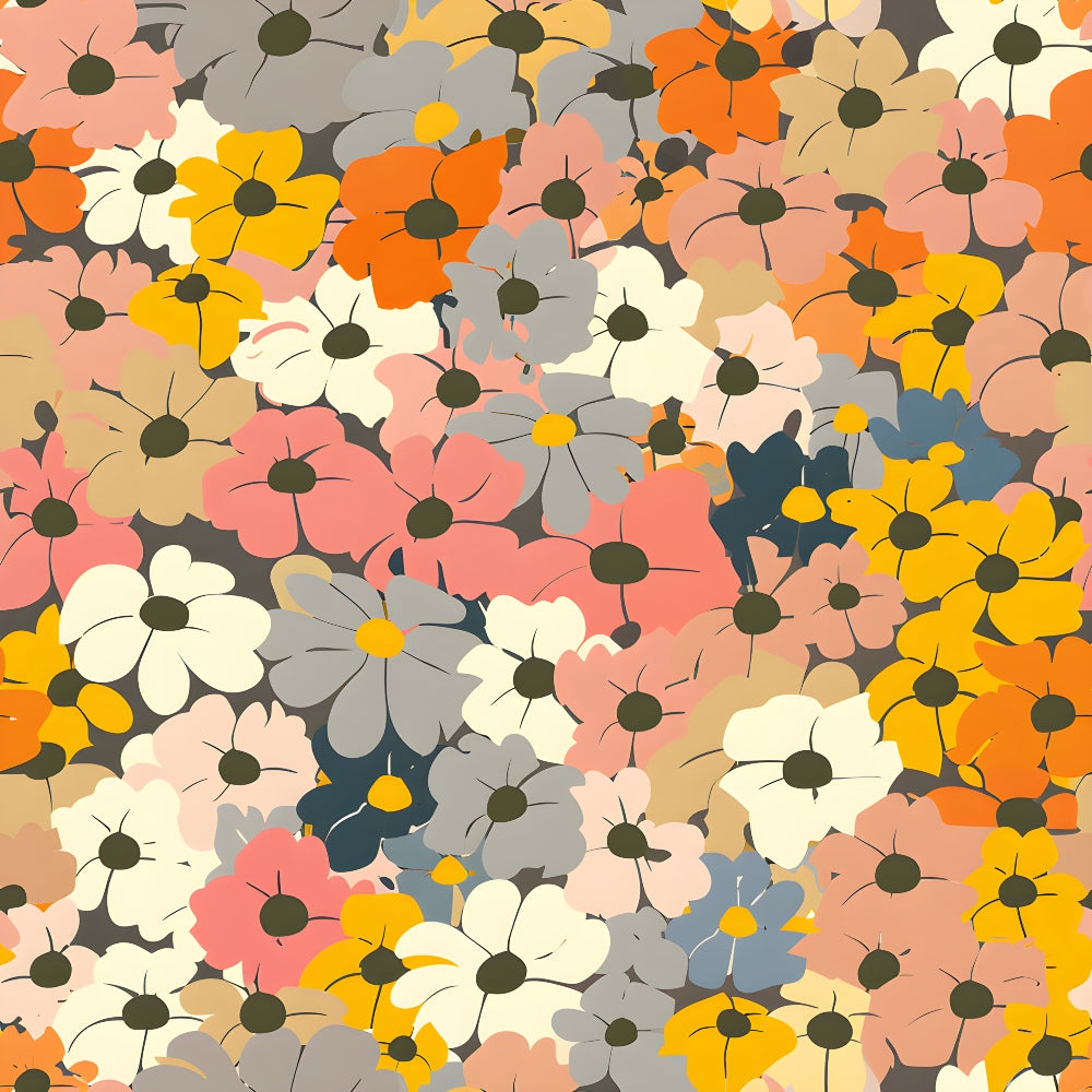 70s retro, floral pattern,, fabric panel, orange flowers, yellow blooms, pink blossoms, white daisies, gray petals, beige florals, overlapping flowers, vintage style, groovy aesthetic, flower power, botanical design, densely packed, colorful blooms, retro palette, cotton fabric