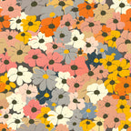 70s retro, floral pattern,, fabric panel, orange flowers, yellow blooms, pink blossoms, white daisies, gray petals, beige florals, overlapping flowers, vintage style, groovy aesthetic, flower power, botanical design, densely packed, colorful blooms, retro palette, cotton fabric