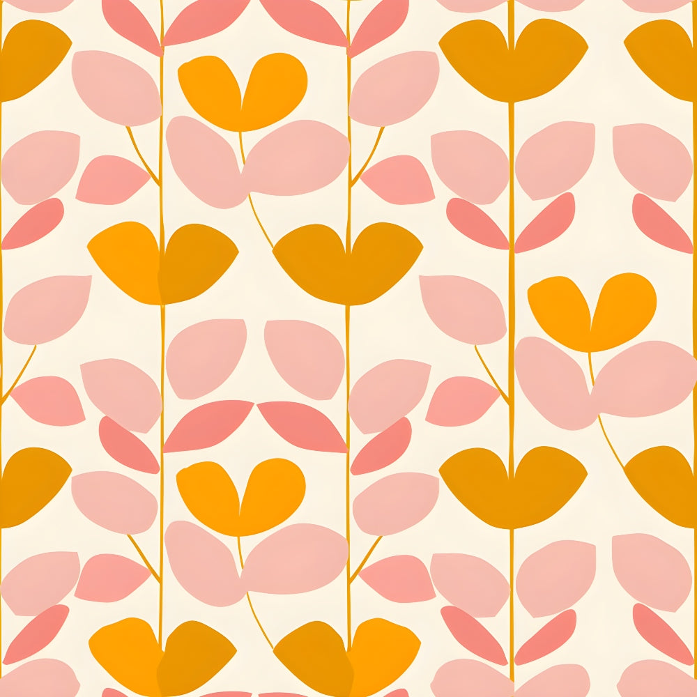 70s retro, vintage flowers, geometric florals, orange blossoms, coral pink, peachy tones, cream background, mid-century modern, stylized petals, repeating pattern,, fabric panel, groovy style, retro aesthetic, floral motifs, warm palette, mod design, crafting material