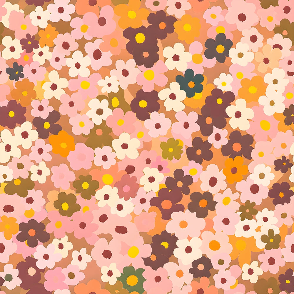 70s retro, floral pattern, pink flowers, orange blooms, brown flowers, cream blossoms, yellow centers, groovy style, vintage aesthetic, flower power, bohemian design,, fabric panel, retro colors, overlapping flowers, small florals, nostalgic pattern, earth tones, peachy pink, olive green