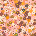 70s retro, floral pattern, pink flowers, orange blooms, brown flowers, cream blossoms, yellow centers, groovy style, vintage aesthetic, flower power, bohemian design,, fabric panel, retro colors, overlapping flowers, small florals, nostalgic pattern, earth tones, peachy pink, olive green