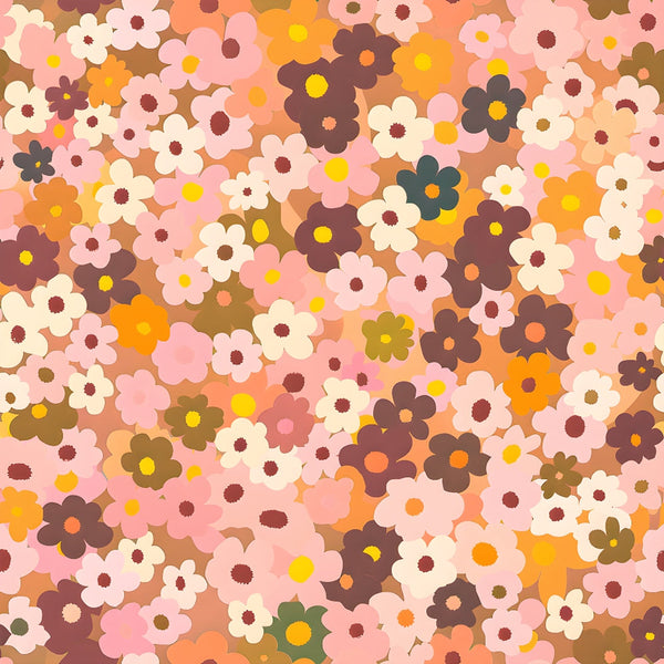 70s retro, floral pattern, pink flowers, orange blooms, brown flowers, cream blossoms, yellow centers, groovy style, vintage aesthetic, flower power, bohemian design,, fabric panel, retro colors, overlapping flowers, small florals, nostalgic pattern, earth tones, peachy pink, olive green