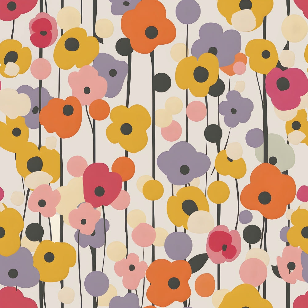 mustard yellow, coral orange, dusty pink, lavender purple, retro flowers, geometric blooms, abstract florals, 70s pattern, vintage style, mid-century modern,, fabric panel, groovy design, flower power, circular motifs, stems and buds, warm color palette, retro aesthetic, mod flowers, contemporary floral