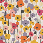 mustard yellow, coral orange, dusty pink, lavender purple, retro flowers, geometric blooms, abstract florals, 70s pattern, vintage style, mid-century modern,, fabric panel, groovy design, flower power, circular motifs, stems and buds, warm color palette, retro aesthetic, mod flowers, contemporary floral