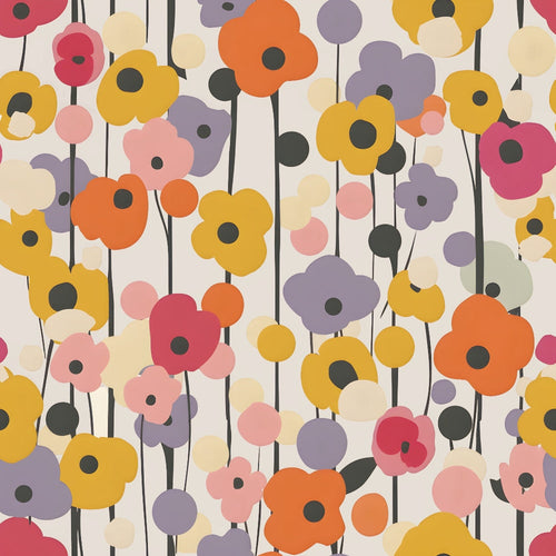 mustard yellow, coral orange, dusty pink, lavender purple, retro flowers, geometric blooms, abstract florals, 70s pattern, vintage style, mid-century modern,, fabric panel, groovy design, flower power, circular motifs, stems and buds, warm color palette, retro aesthetic, mod flowers, contemporary floral