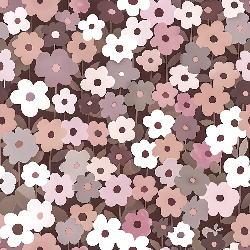 mauve, dusty rose, cream, white, taupe, brown, retro flowers, daisy pattern, 70s style, floral design, vintage aesthetic, small flowers, repeating pattern,, fabric panel, muted tones, earth tones, groovy flowers, mod floral, cotton fabric