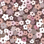 mauve, dusty rose, cream, white, taupe, brown, retro flowers, daisy pattern, 70s style, floral design, vintage aesthetic, small flowers, repeating pattern,, fabric panel, muted tones, earth tones, groovy flowers, mod floral, cotton fabric