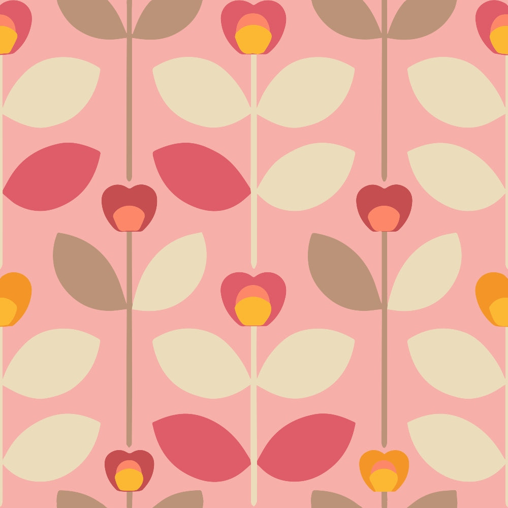 pink background, retro flowers, stylized blooms, coral petals, yellow centers, cream leaves, brown leaves, geometric florals, mid-century modern, vintage style, repeating pattern,, fabric panel, 70s aesthetic, mod flowers, peachy orange, soft pink, botanical design, retro chic