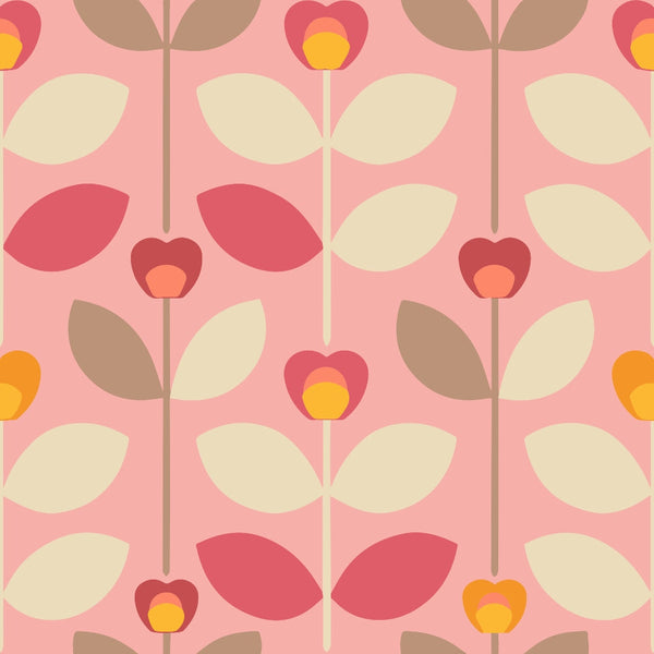 pink background, retro flowers, stylized blooms, coral petals, yellow centers, cream leaves, brown leaves, geometric florals, mid-century modern, vintage style, repeating pattern,, fabric panel, 70s aesthetic, mod flowers, peachy orange, soft pink, botanical design, retro chic