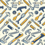 Pattern of various hand tools, including hammers, wrenches, and screwdrivers, arranged on a beige background.
