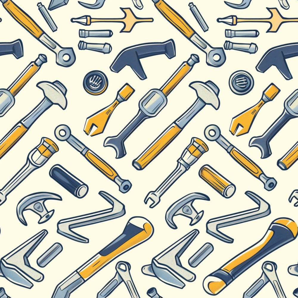 Pattern of various hand tools, including hammers, wrenches, and screwdrivers, arranged on a beige background.