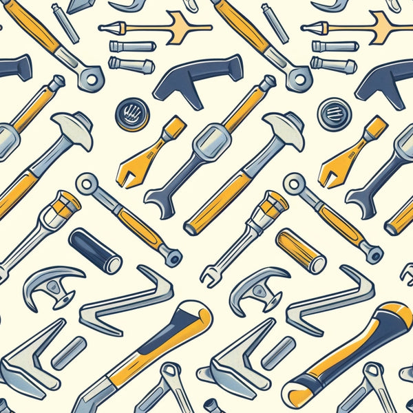 Pattern of various hand tools, including hammers, wrenches, and screwdrivers, arranged on a beige background.