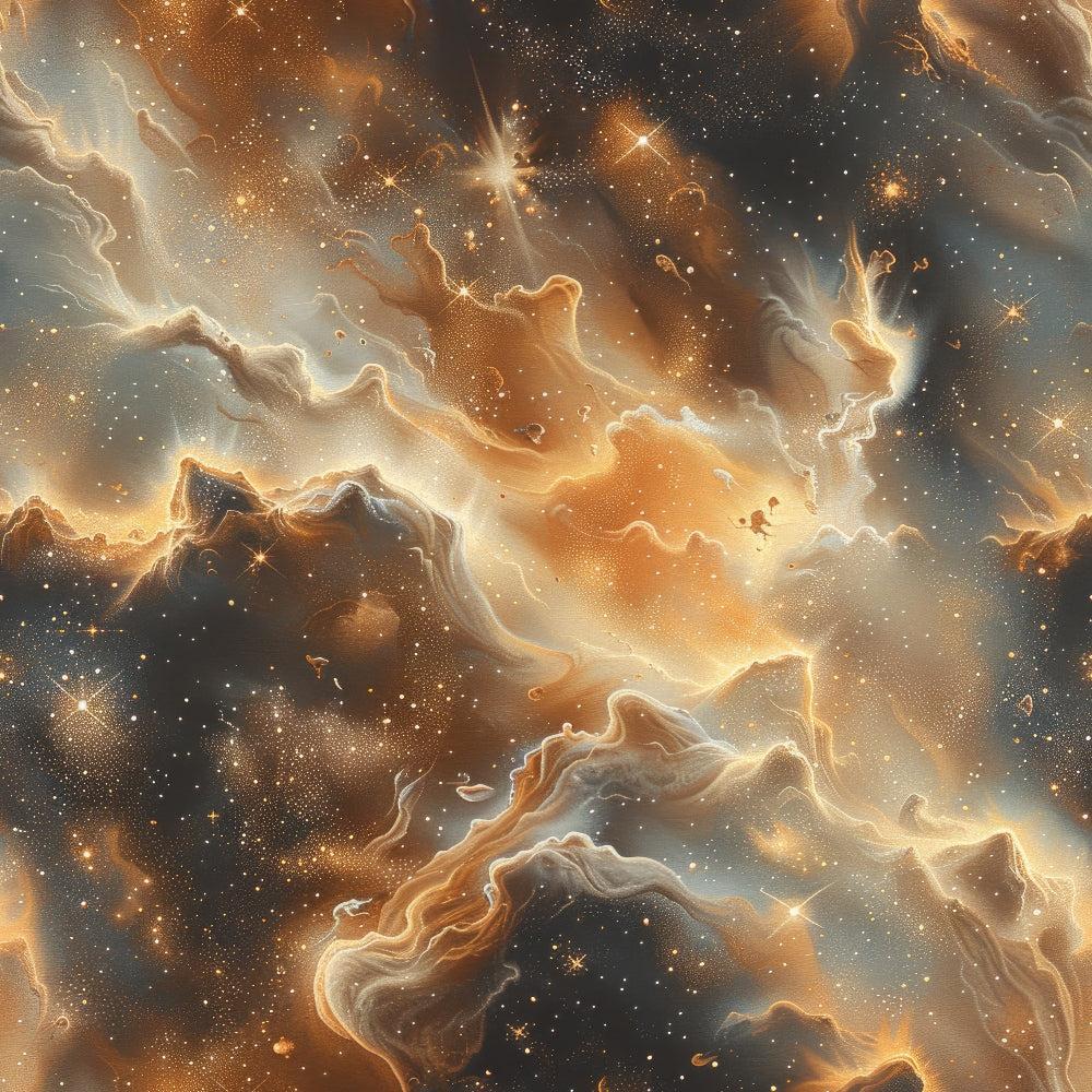 cosmic nebula, golden stars, celestial clouds, space scene, amber tones, burnt orange, deep gray, starfield, swirling gas, astronomical art,, fabric panel, cosmic dust, stellar formation, galactic clouds, dreamy atmosphere, space photography style, golden sparkles, interstellar medium, celestial beauty