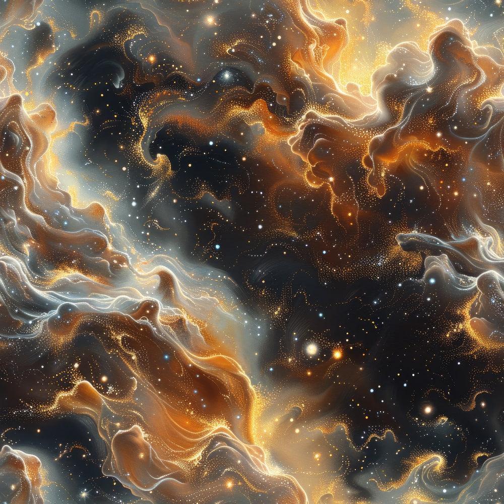 cosmic nebula, swirling clouds, golden orange, deep navy, celestial stars, space theme, flowing patterns, luminous highlights, dreamy atmosphere,, fabric panel, starfield design, ethereal swirls, amber glow, midnight blue, cosmic dust, celestial bodies, flowing movement, mystical mood, night sky