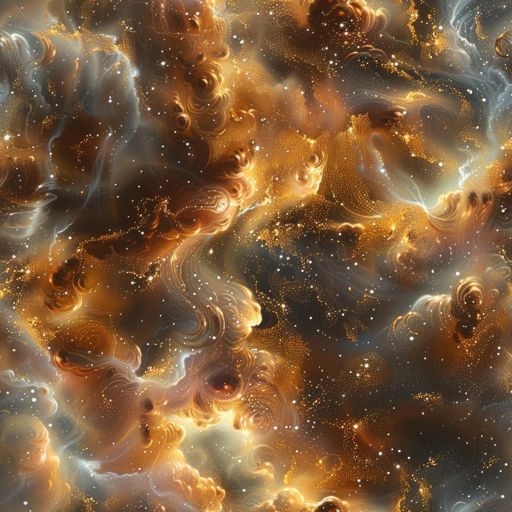 cosmic swirls, golden amber, deep bronze, silvery gray, celestial clouds, star field, nebula pattern, space themed, ethereal glow, flowing wisps, astronomical design,, fabric panel, luminous effects, galaxy motifs, copper tones, smoky textures, infinite pattern, celestial bodies, dreamy atmosphere