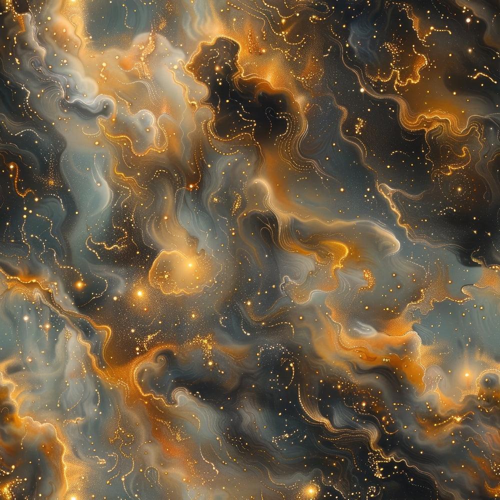 fabric panel, golden yellow, amber, charcoal gray, slate blue, marbled pattern, swirled design, abstract art, cosmic pattern, nebula design, flowing texture, luminous effects, starry night, celestial theme, dreamy atmosphere, fluid motion, organic shapes, sophisticated palette, modern abstract