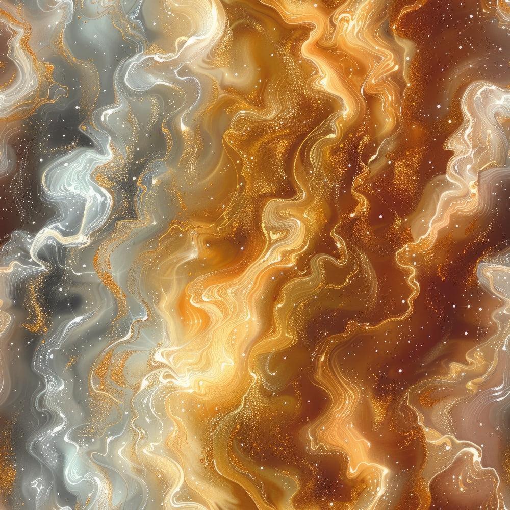 fabric panel, swirling patterns, marbled design, golden orange, amber, cream, grey, flowing waves, abstract art, cosmic nebula, liquid marble, metallic accents, shimmering texture, celestial swirls, warm tones, cool greys, ethereal patterns, dreamy atmosphere, organic flowing lines